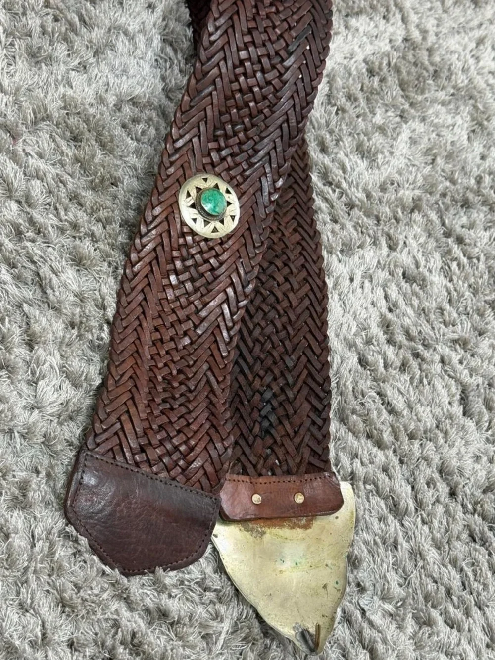 Vintage wide leather braided silver concho hip belt coral turquoise stones S-L